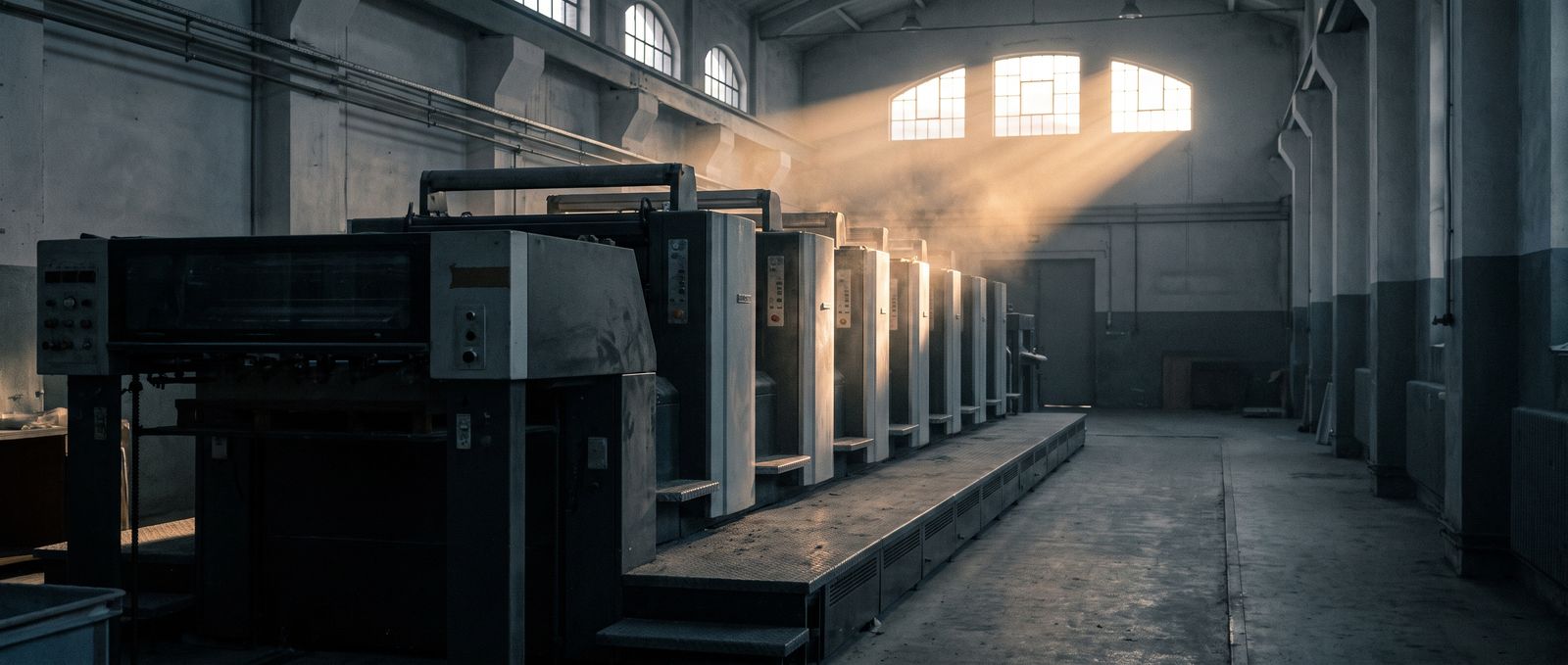 A dim print hall at the end of a shift, paper dust hanging in one shaft of light